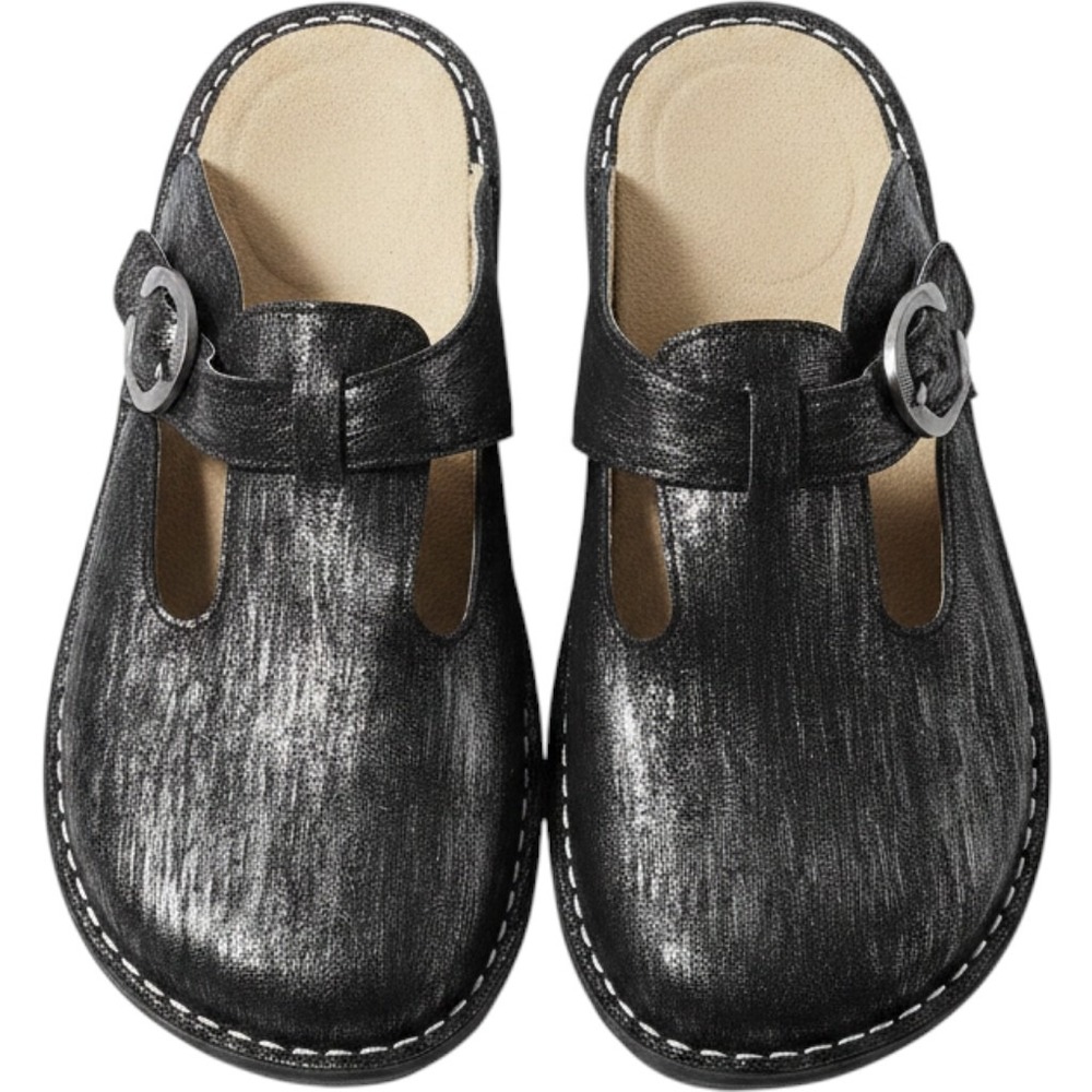 Alegria Dayna Black Metallic Leather T-Strap Mules Clogs‎ ALG-719 Womens 40